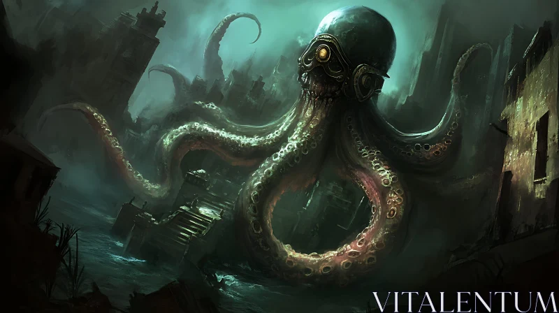 Colossal Steampunk Octopus in a Post-Apocalyptic City AI Image