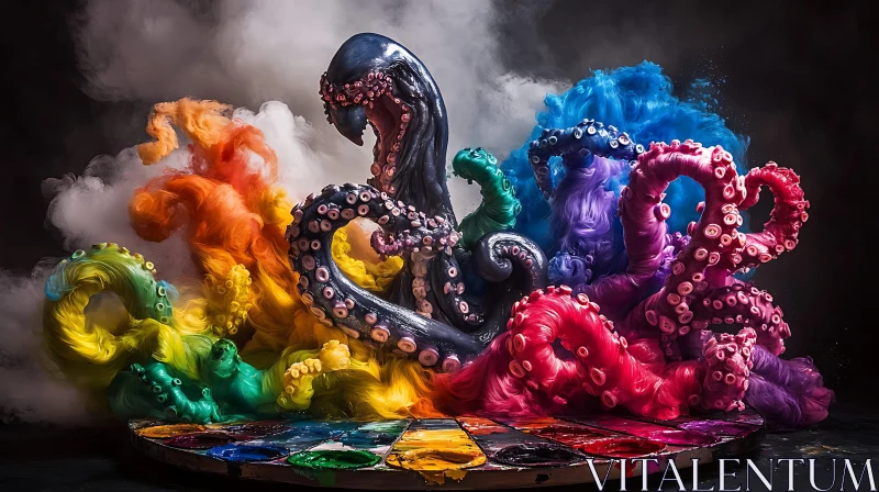 Abstract Octopus with Colorful Tentacles and Art Palette AI Image