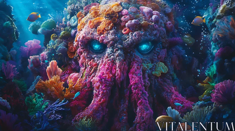 AI ART Intricate Coral Reef Resembling an Ancient Face with Luminescent Eyes