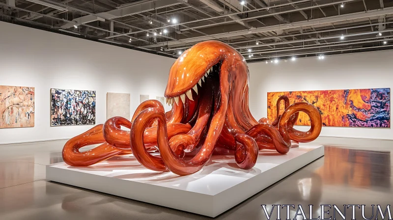 Intriguing Orange Sculpture with Tentacles in Art Gallery AI Image