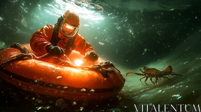 AI ART Diver in Rescue Raft Submerged Underwater