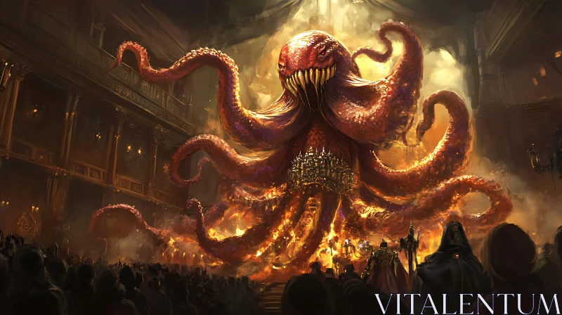 Gigantic Tentacled Creature Amidst Flames and Chaos AI Image