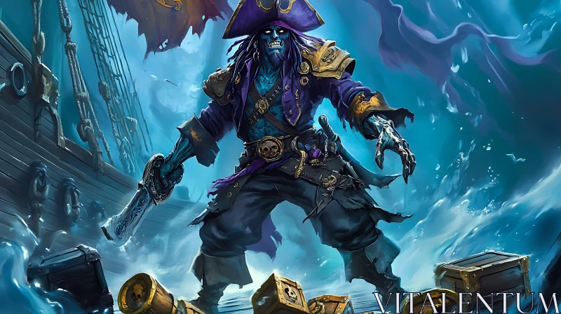 Skeleton Pirate Guarding Treasure in an Underwater World AI Image