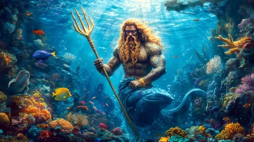 Majestic Merman Holding Trident Underwater