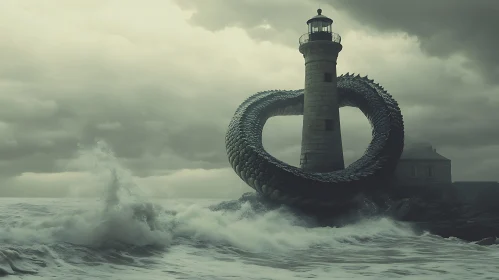 Serpent Engulfed Lighthouse in Thunderous Sea