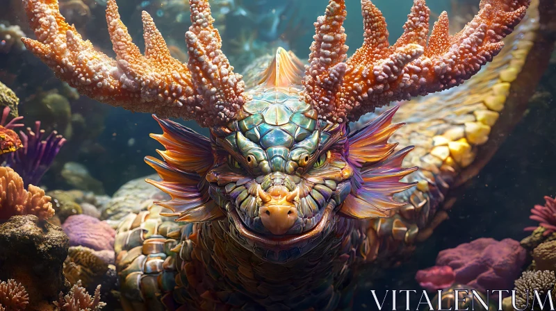 Fantasy Underwater Dragon Amid Corals AI Image