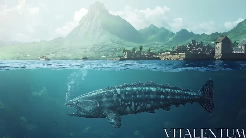 Aquatic Scene with Gigantic Fish and Island Town AI Image