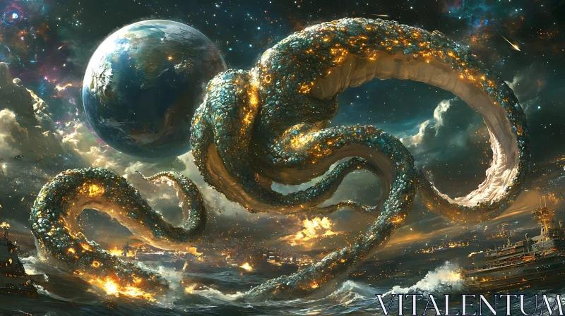 AI ART Celestial Kraken with Earth Background