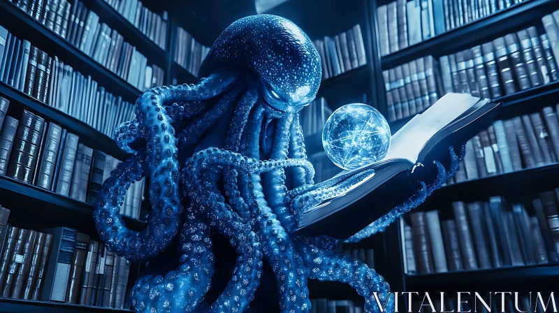 Luminescent Octopus with Book in Mysterious Library AI Image