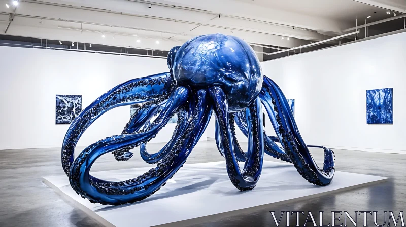 Art Gallery Featuring Blue Octopus Sculpture AI Image