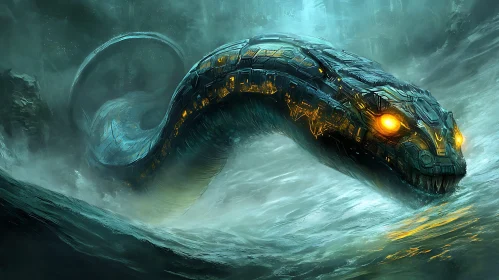 Futuristic Sea Monster in Stormy Ocean