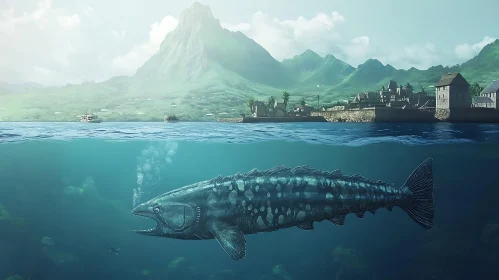 Aquatic Scene with Gigantic Fish and Island Town