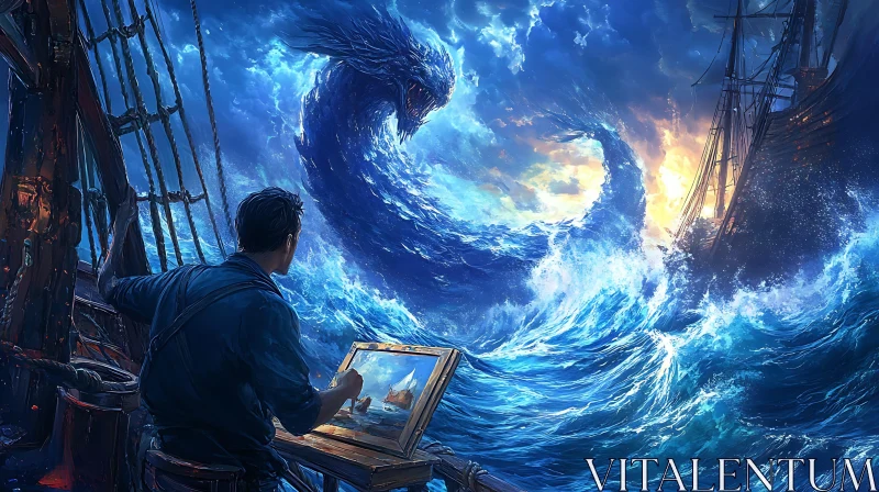 Painter Amidst Sea Monster Chaos AI Image