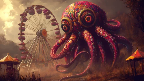 Fantastical Octopus Over a Mysterious Carnival