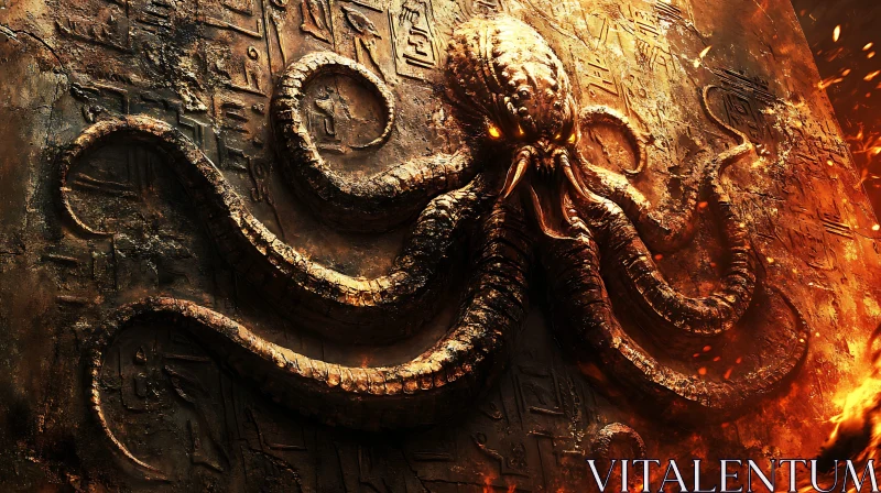 Fiery Ancient Octopus Engraving AI Image