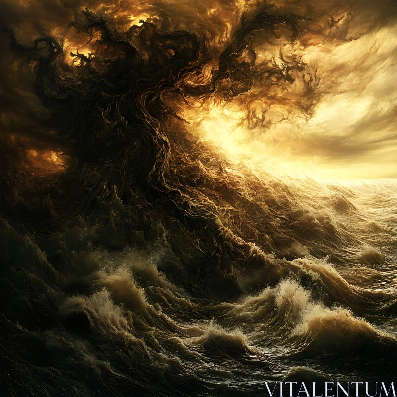 Tumultuous Ocean beneath Dark Chaotic Clouds AI Image