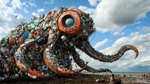 Recycled Octopus Sculpture on Beach