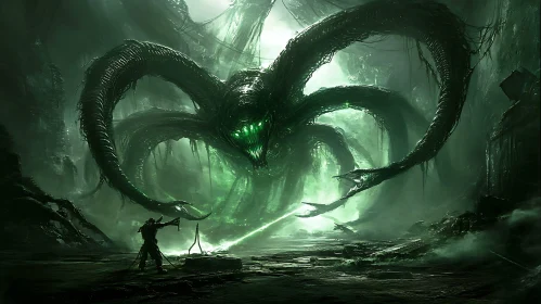 Hero vs. Tentacled Behemoth In an Ancient Lair