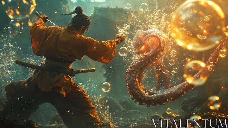 Underwater Clash: Samurai Against the Octopus AI Image