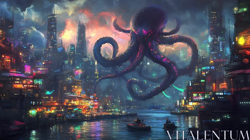 Surreal Octopus in Neon-Lit City AI Image