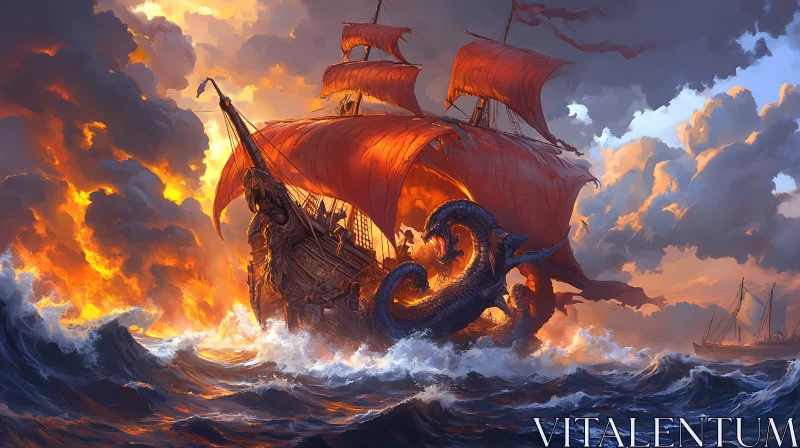 AI ART Stormy Seas: Ship vs Kraken Showdown