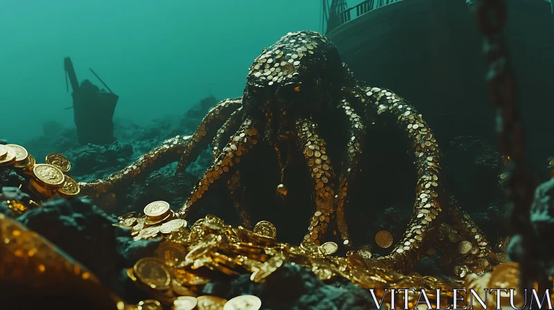 Mystical Underwater Treasure and Octopus AI Image