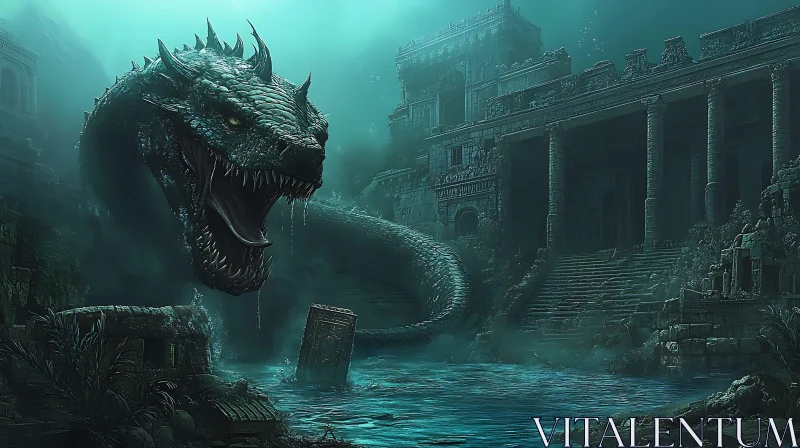 Mysterious Underwater Dragon in Ancient Ruins AI Image