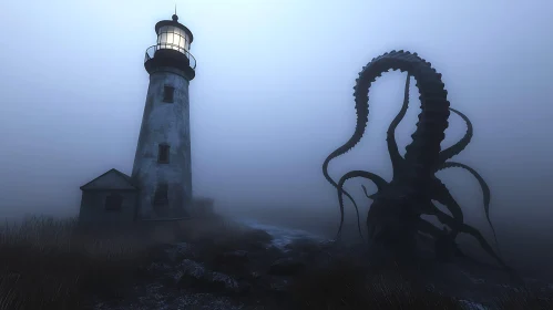 Menacing Tentacle Near Misty Lighthouse