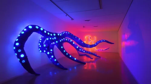 Neon Tentacle Art Display in Gallery