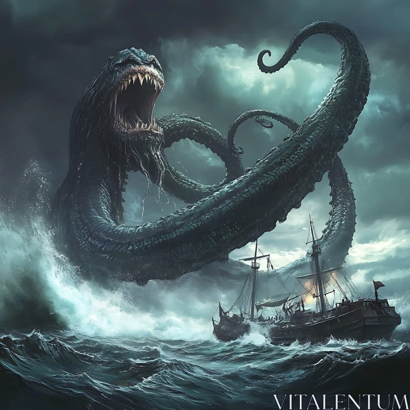 Sea Monster Kraken with Ships AI Image