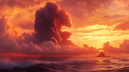 Giant Cloud Monster Over Ocean Sunset with Ship