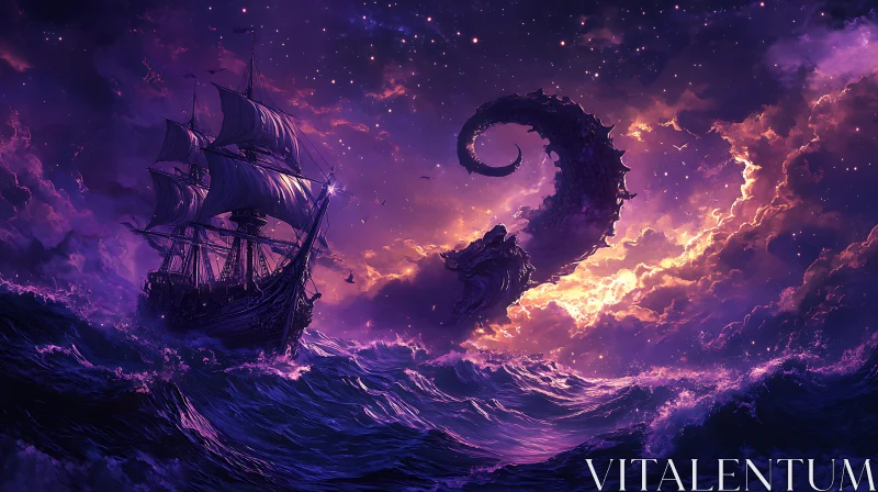 AI ART Ship Sailing with Kraken Tentacle in Night Sky