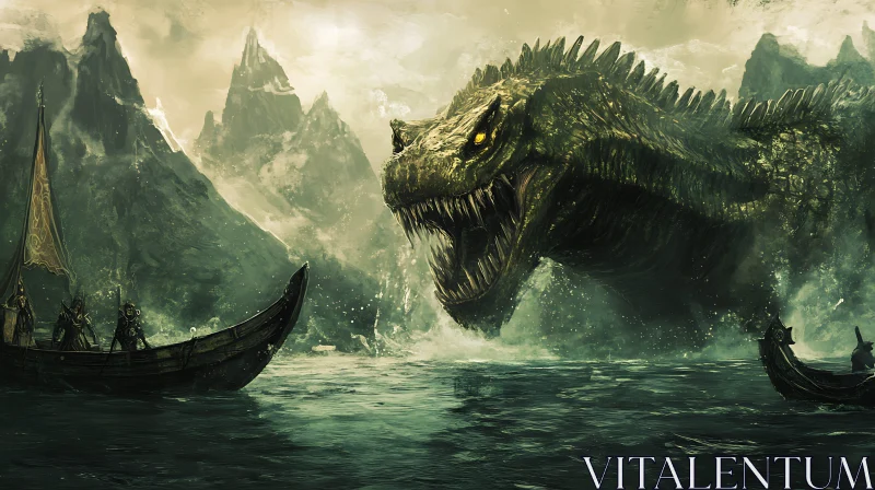 Viking Ships Versus Massive Sea Dragon AI Image