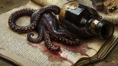 Mystical Tentacle and Bottle on Ancient Manuscript