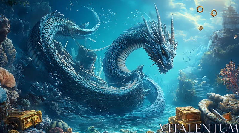 Underwater Dragon Guarding Sunken Treasure AI Image