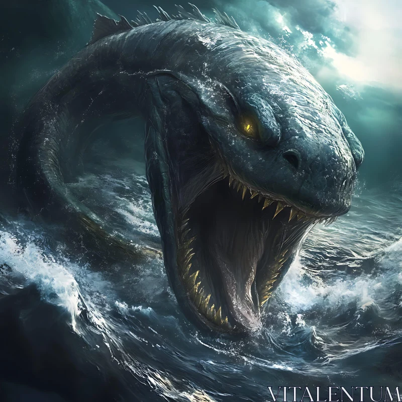 Colossal Sea Beast with Glowing Eyes in Stormy Waters AI Image