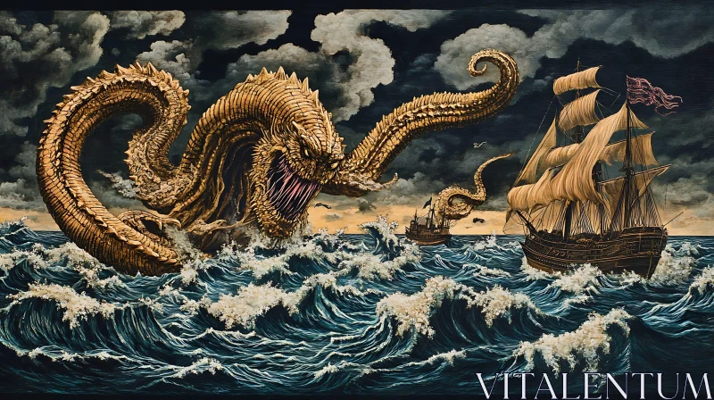 AI ART Epic Kraken vs. Ship Encounter in Rough Ocean