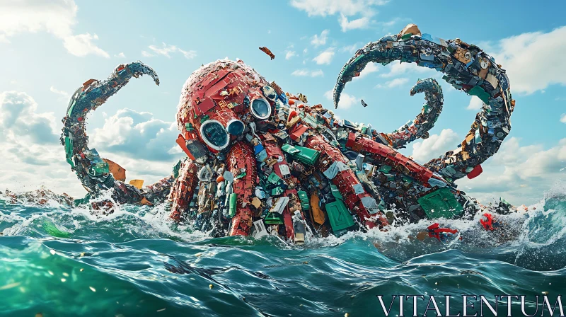 Pollution-Themed Octopus Sculpture in the Sea AI Image