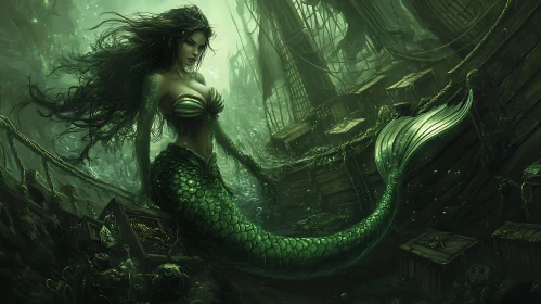 Enigmatic Mermaid in Underwater Shipwreck