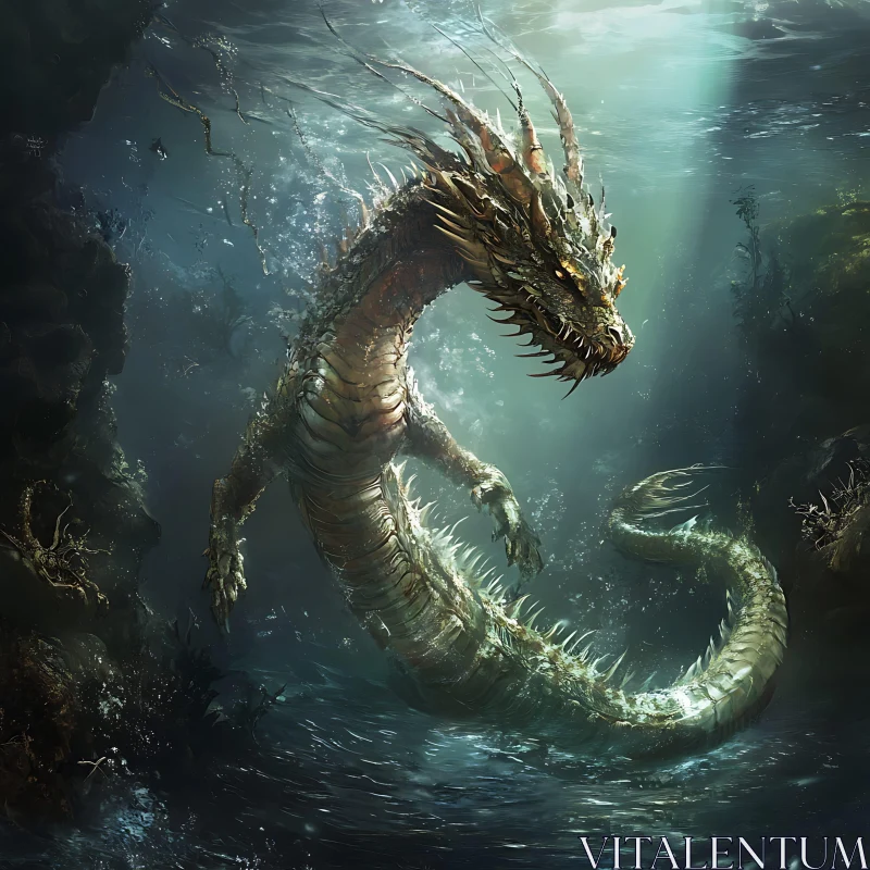 Mythical Serpent in Underwater Fantasy Scene AI Image