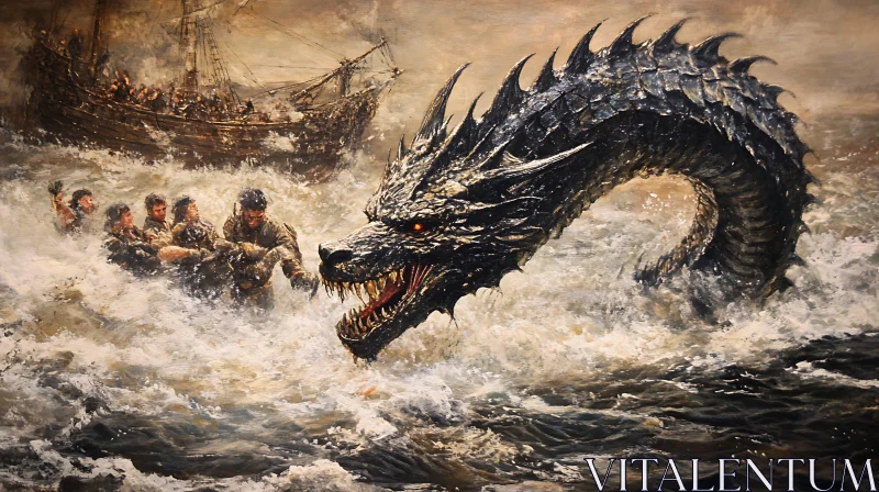 Seafarers Confronting an Enormous Sea Dragon AI Image