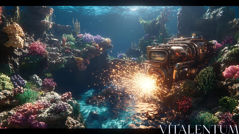 Marine Exploration Scene with Coral Reefs and Submarine AI Image