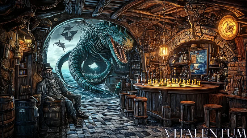 Rustic Tavern with Dragon by the Sea AI Image