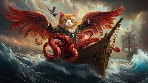 Winged Cat with Tentacles Navigating a Ship in Stormy Seas