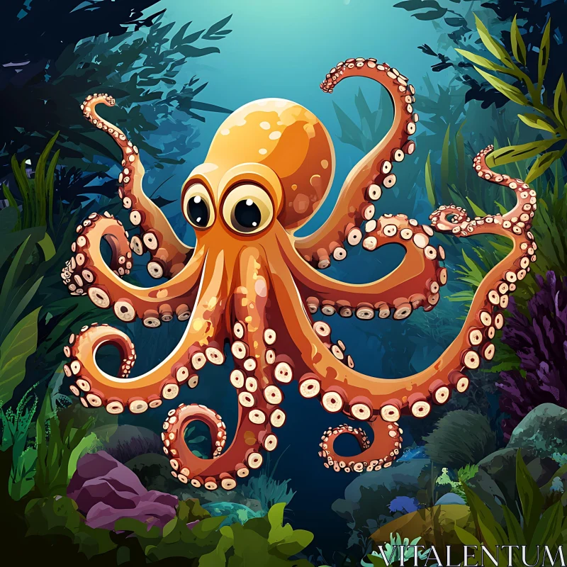 AI ART Orange Octopus in a Coral Reef Illustration