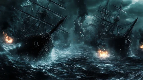 Fierce Stormy Sea Conflict with Burning Ships