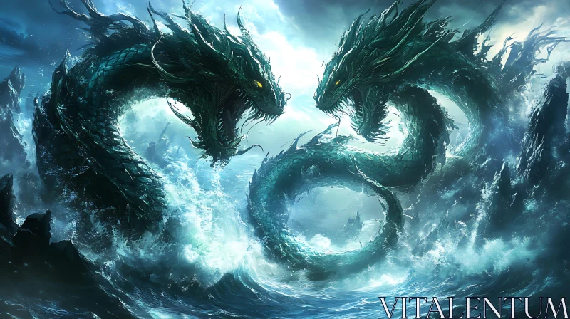 Clash of Colossal Sea Dragons AI Image