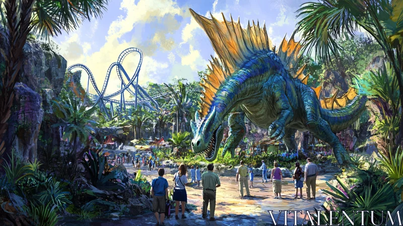 Adventurous Theme Park with Rollercoaster and Dinosaur AI Image