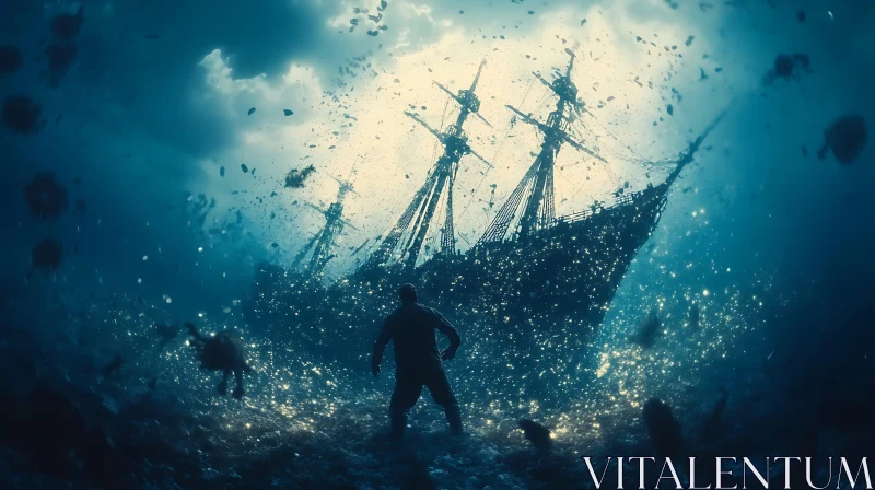 Enigmatic Oceanic Shipwreck with Silhouetted Figure AI Image