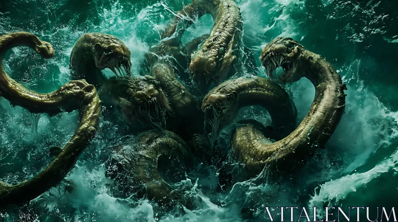Multi-Headed Sea Serpent Emerging from the Ocean